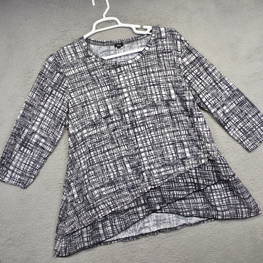 Shana Top Womens L Black White Abstract Crinkle‎ Wearable Art Flowy Tunic Hi Low